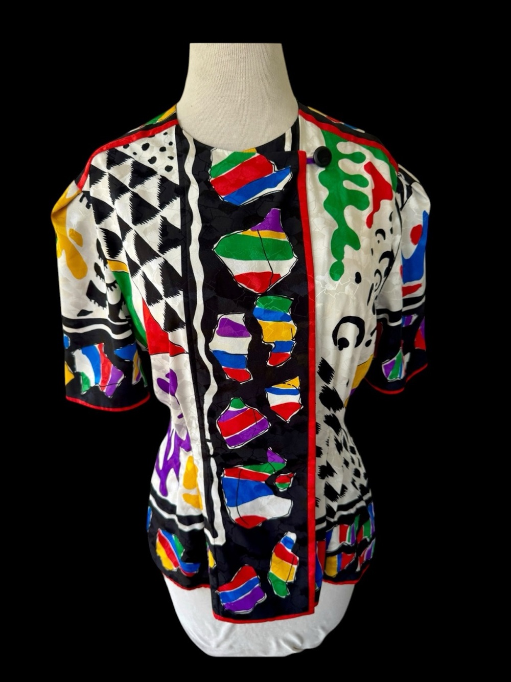 Vtg 80s Howard Wolf Abstract Silky Colorful  Blouse Sz 8 Geo Pleated